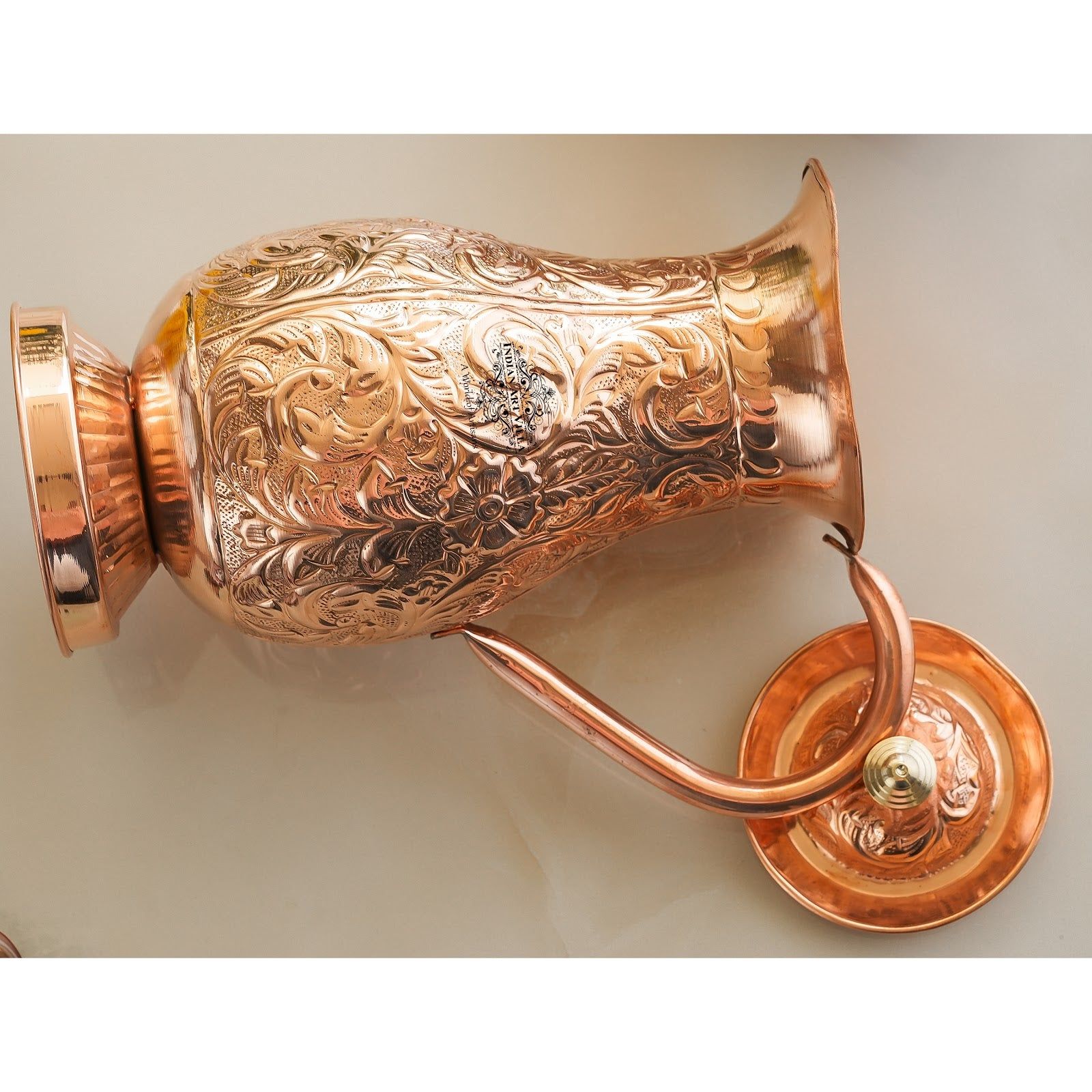 Pure copper antique hammered design mughlai jug with lid embossed, 1500 ML
